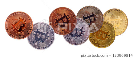 Gold bitcoin, silver bitcoin, and copper bitcoin isolated on a white background Gold bitcoin, silver bitcoin, and copper bitcoin isolated on a white background 123969814