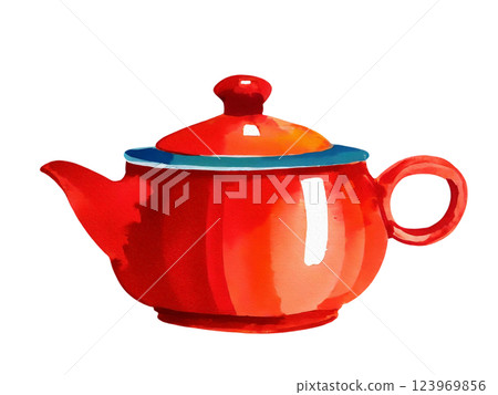 Stylish red teapot watercolor illustration, cut out on transparent background 123969856