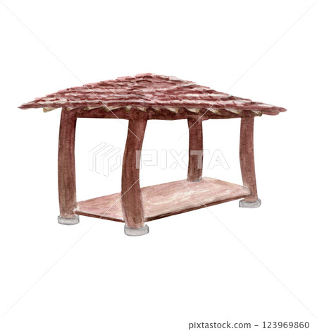 Asian style pavilion watercolor illustration. Hand drawn design element perfect for cards, posters, landscape design, scrapbook paper, banners, wallpaper. Korean architecture, traditional. Tiled roof 123969860