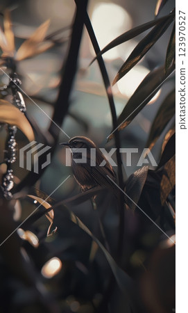 A Beautiful Bird Perched Gracefully Among Lush Green Foliage in the Soft Gentle Light 123970527