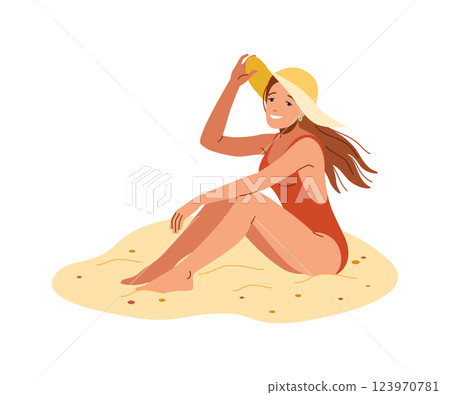 Relaxed Woman in Swimwear and Hat on Beach Sand 123970781