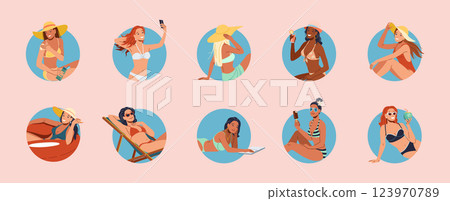 Illustrations of Diverse Women Enjoying Summer Activities Illustrations of Diverse Women Enjoying Summer Activities 123970789