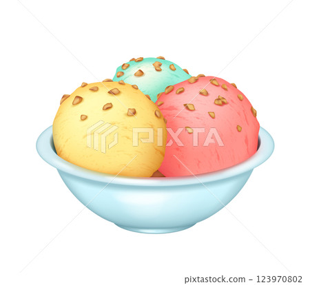 Colorful Ice Cream Scoops in a Blue Bowl Colorful Ice Cream Scoops in a Blue Bowl 123970802