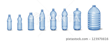 Various Sizes of Transparent Plastic Bottles Display 123970816