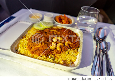 Delicious biryani and salads served on board Delicious biryani and salads served on board 123971009