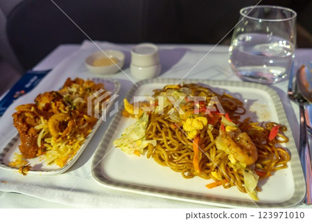 Luxury airline meals served in-flight 123971010