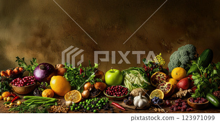 A Colorful and Vibrant Harvest of Freshly Picked Fruits and Vegetables Displayed on a Wooden Table 123971099
