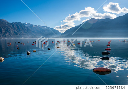 Panoramic view of Kotor Bay with oyster farms in winter morning, Montenegro 123971184