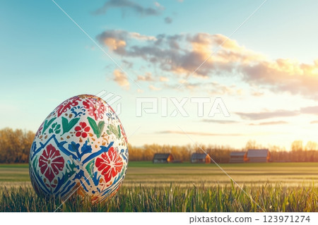 A Colorful Decorative Easter Egg Sitting in a Beautiful Field at the Time of Sunrise 123971274