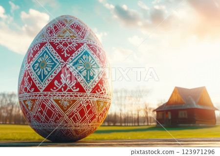 A beautifully crafted Giant Ornate Easter Egg is situated near a charming rural house 123971296