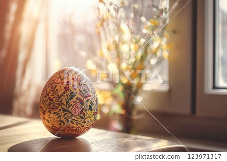 A Beautiful Decorative Easter Egg Gracefully Positioned by the Window with Soft Lighting 123971317
