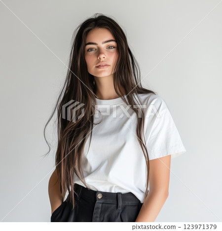 A Stylish Young Woman is Posing Confidently in a Casual Outfit on a Neutral Background 123971379