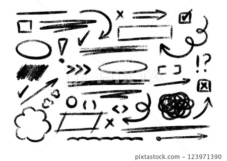 Sketchy crayon hand drawn highlight elements - circles, underlines, arrows, checkmarks and crosses. Doodle chalk line border, text emphasis graphic. Rough freehand grunge shapes for design annotation Sketchy crayon hand drawn highlight elements - circles, underlines, arrows, checkmarks and crosses. Doodle chalk line border, text emphasis graphic. Rough freehand grunge shapes for design annotation 123971390