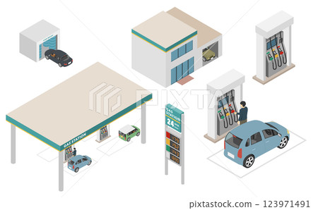 Isometric illustrations: gas station set Isometric illustrations: gas station set 123971491