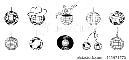 Disco ball doodle line tattoo y2k coquette trendy groovy decoration. Retro dance party line hand drawn design elements. Disco ball with stars, sketch 123971770