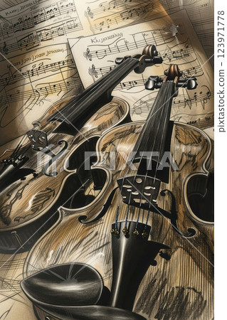 Elegant String Instruments Alongside Beautiful Sheet Music for Captivating Performances 123971778