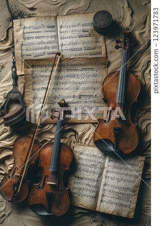 Classic Violin Ensemble featuring Sheet Music along with Essential Accessories and Equipment 123971783