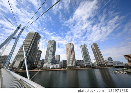 Shinonome tower apartment and Tatsumi Sakurabashi Bridge (Koto Ward, Tokyo) Shinonome tower apartment and Tatsumi Sakurabashi Bridge (Koto Ward, Tokyo) 123971788
