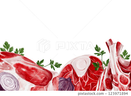 Raw meat frame. Beef and lamb. Spices for cooking steak. Red raw fillet and ribs with meat. Fresh lamb. Menu and product list design. For mint shops and steakhouses. High quality illustration 123971894
