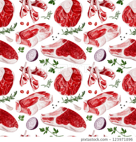 Seamless pattern with meat and spices. Beef and lamb with steaks and ribs. spices and onions with herbs. Pattern for kitchen and grocery store. Butcher shop and decor. Raw fresh meat.  123971896