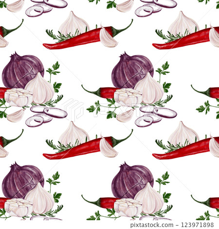 Seamless pattern with onion, pepper, garlic and herbs. Vegetables and spices. Watercolor illustration isolated from the background. Vegetable pattern. High quality illustration Seamless pattern with onion, pepper, garlic and herbs. Vegetables and spices. Watercolor illustration isolated from the background. Vegetable pattern. High quality illustration 123971898