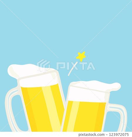 Hand drawn illustration of people toasting with draft beer on a refreshing blue background 123972075