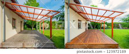 Before and after comparison of a wooden deck restoration showing untreated and freshly stained surfaces under a pergola in a backyard setting Before and after comparison of a wooden deck restoration showing untreated and freshly stained surfaces under a pergola in a backyard setting 123972189
