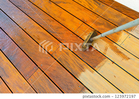 Close-up of a wooden deck being stained with a brush for protection and maintenance 123972197