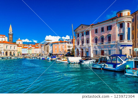 Cityscape of the town of Piran. Sergej Masera Maritime museum building on the right 123972304