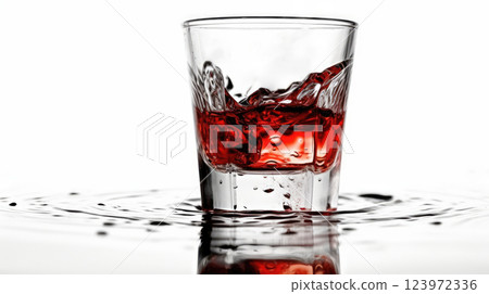 Crimson Elegance Vibrant Red Liquid in Glass with Reflective Water on White background. Crimson Elegance Vibrant Red Liquid in Glass with Reflective Water on White background. 123972336