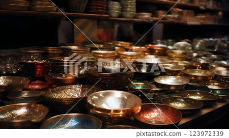 Golden Elegance Collection of Intricately Designed Bowls Displayed in a Warmly Lit Artisan Market. 123972339