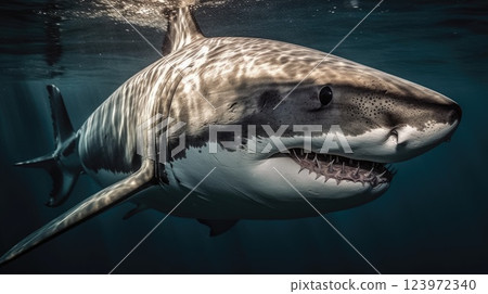 Sunlit Shark in Clear Blue Ocean Waters 123972340