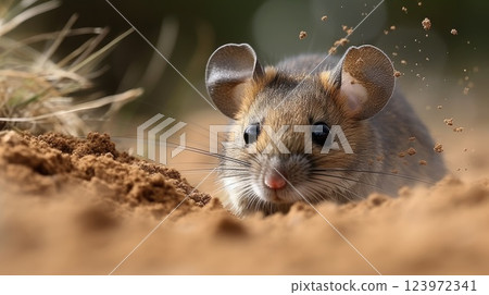 Curious Mouse Emerging from Burrow in Natural Habitat Curious Mouse Emerging from Burrow in Natural Habitat 123972341
