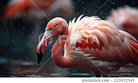 Graceful Pink Flamingo Foraging in Water, A Close Up View in the nature in the rain. 123972345