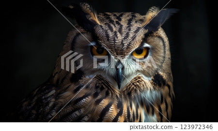 Majestic Owl with Golden Eyes on a Mysterious Dark Background 123972346