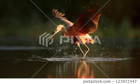Elegant Red Heron catch some fish flying at the water surface, Captured Amidst the Serene Waters and Lush Greenery of a Tranquil Lake Elegant Red Heron catch some fish flying at the water surface, Captured Amidst the Serene Waters and Lush Greenery of a Tranquil Lake 123972347