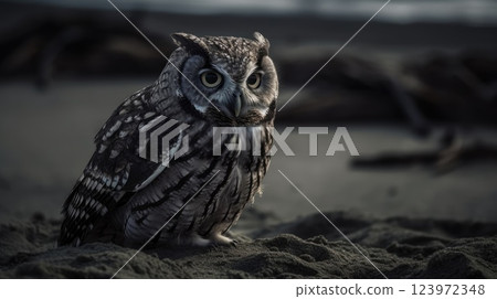 Mystical Owl on Sandy Shore Amidst Driftwood Under a Dimly Lit Sky Mystical Owl on Sandy Shore Amidst Driftwood Under a Dimly Lit Sky 123972348