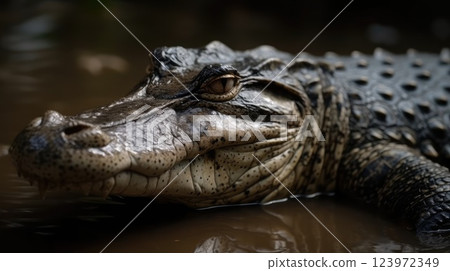Close Up of a Majestic Crocodile Basking in Natural Habitat, Highlighting the Intricate Patterns and Textures on Its Skin Amidst Muddy Waters 123972349