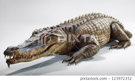 Realistic Crocodile Resting on a White Background Showcasing Detailed Scales and Fierce Beauty Realistic Crocodile Resting on a White Background Showcasing Detailed Scales and Fierce Beauty 123972352