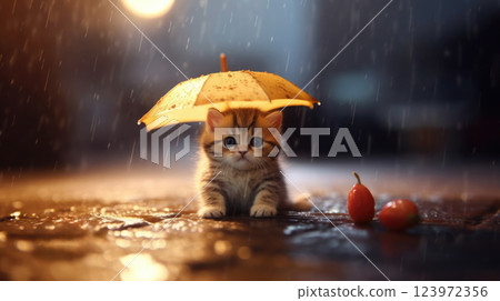 Nocturnal Whiskers, A Kitten with Yellow Umbrella in Rainy Cityscape Nocturnal Whiskers, A Kitten with Yellow Umbrella in Rainy Cityscape 123972356