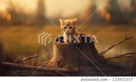 Curious Kitten on a Tree Stump at Outdoor Adventure in Nature. Curious Kitten on a Tree Stump at Outdoor Adventure in Nature. 123972357