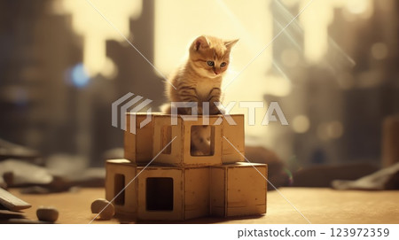 Curious Kitten sit on top of Boxes with Urban Backdrop in the afternoon. Curious Kitten sit on top of Boxes with Urban Backdrop in the afternoon. 123972359