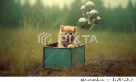 Charming Kitten on a Box and some balloon , Outdoor Whimsy with a Touch of Green Charming Kitten on a Box and some balloon , Outdoor Whimsy with a Touch of Green 123972360