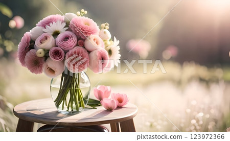 Morning Glow Bouquet, Pink and White Flowers in Glass Vase on Wooden Table with Sunlit Meadow Background 123972366
