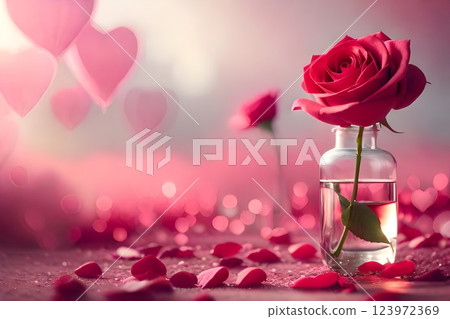 Dreamy pink background with sprinkle of rose flowers, with a jar fill with a stalk of red rose flower, good for cosmetic, perfume, spa, woman and girl product advertisement, design material. 123972369