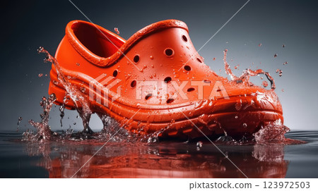 Vibrant Splash Red log Shoe and Dynamic Water Splashes on Glossy Surface 123972503