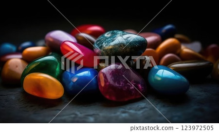 Vibrant Pebble Mosaic, Colorful Stones on Dark Surface for Artistic Decor 123972505