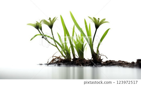 Fresh Plant Sprouts and Soil on White Background. Fresh Plant Sprouts and Soil on White Background. 123972517
