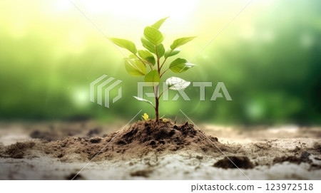 Vibrant Young Plant Emerging from Soil Against Soft Natural Backdrop. Healthy financial and environment concept image. Vibrant Young Plant Emerging from Soil Against Soft Natural Backdrop. Healthy financial and environment concept image. 123972518