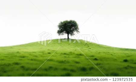 Lush Green Tree on the top of Meadow Hill on a white background as a design material. Lush Green Tree on the top of Meadow Hill on a white background as a design material. 123972535